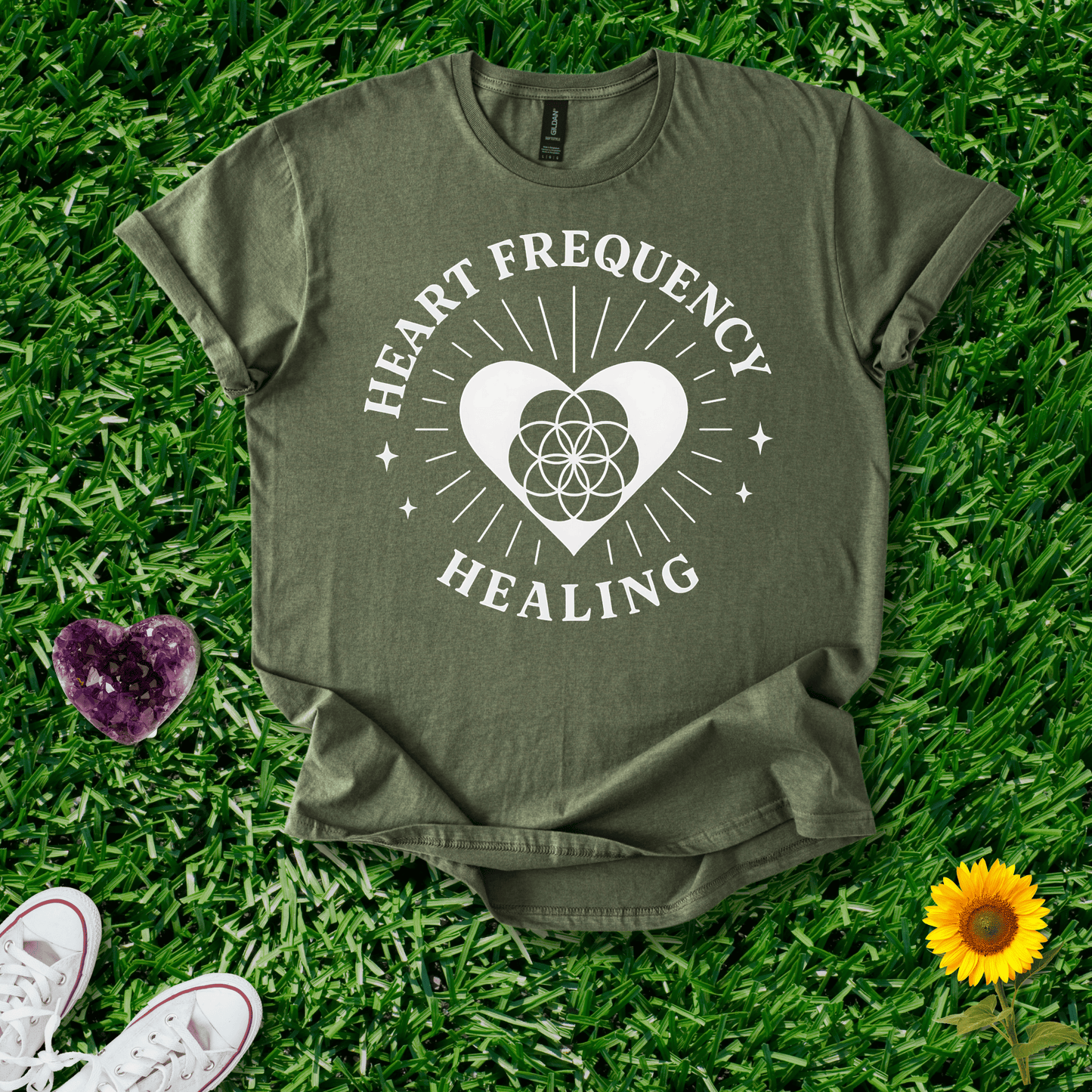 Printify T-Shirt Military Green / S Heart Frequency Healing