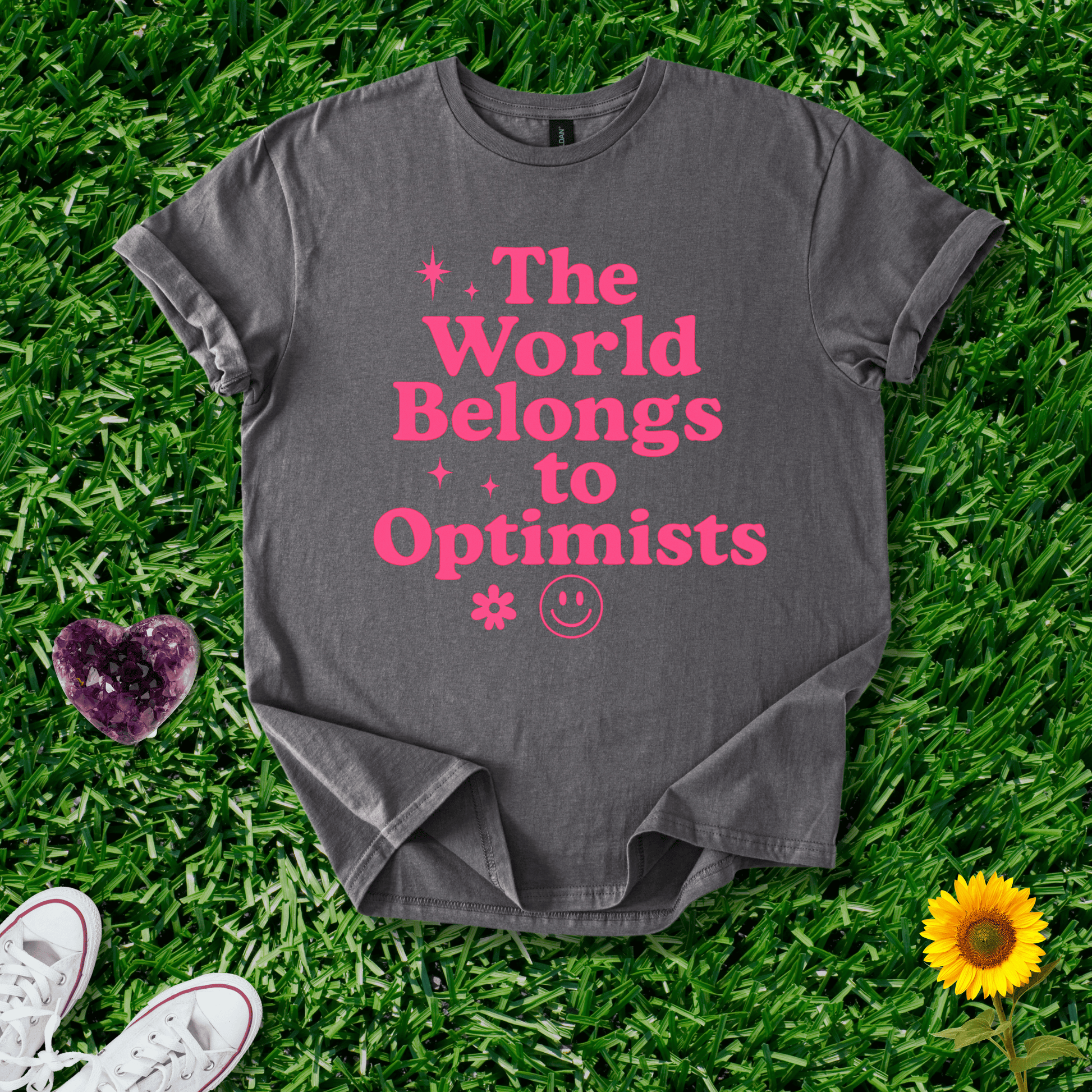 Printify T-Shirt Charcoal / S The World Belongs To Optimists