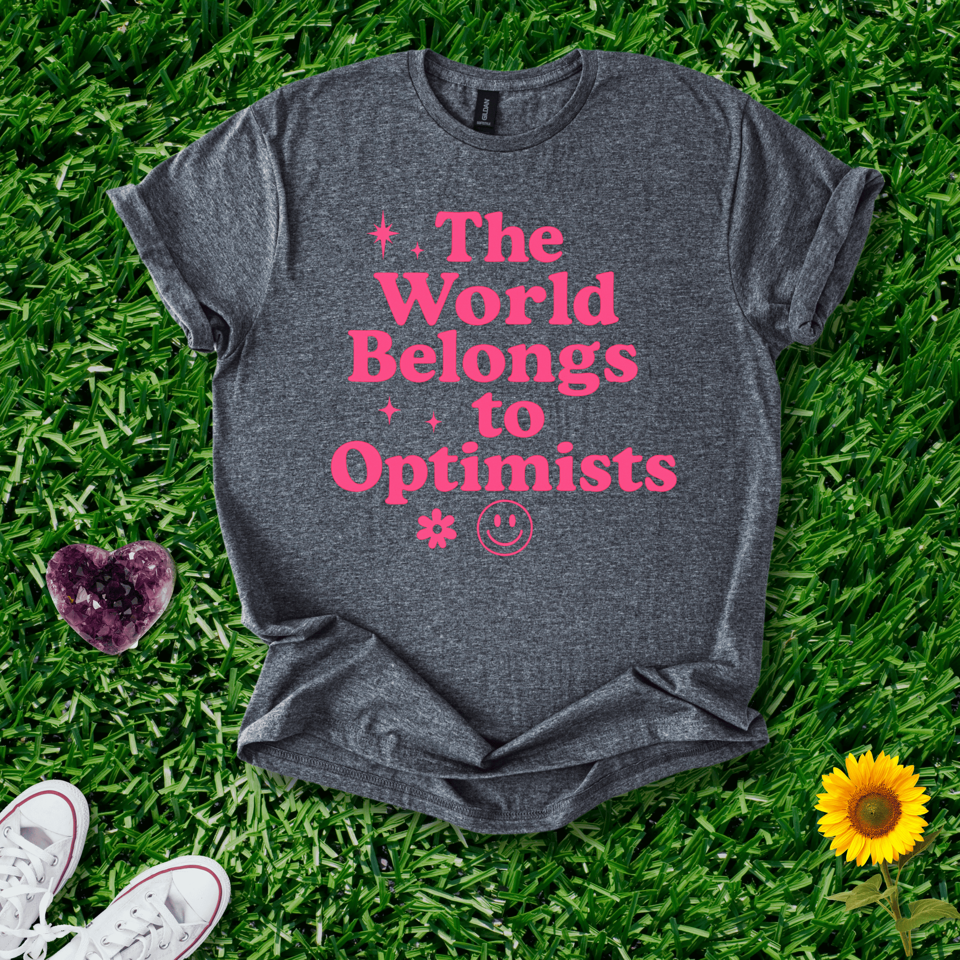 Printify T-Shirt Dark Heather / S The World Belongs To Optimists